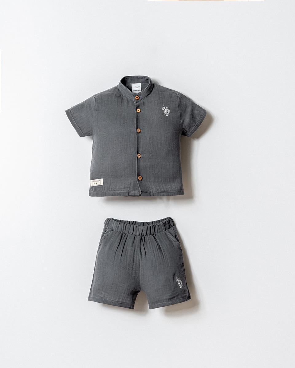 U.S. Polo Assn Erkek Bebek  2 li Şort Gömlek Takım Koyu Gri