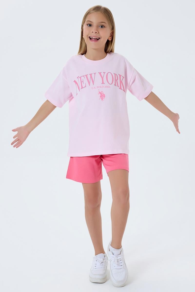 U.S. Polo Assn Kız Çocuk  2 li Şort T-şhirt Takım Koyu Pembe