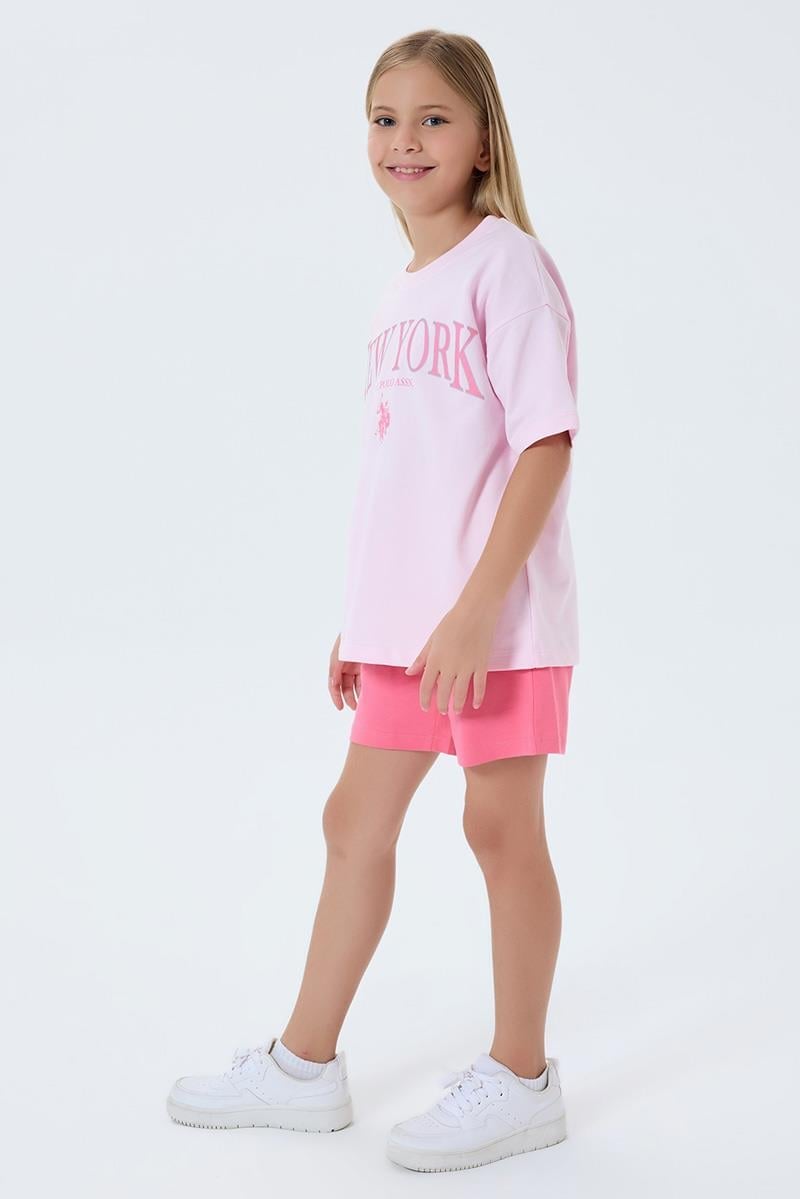 U.S. Polo Assn Kız Çocuk  2 li Şort T-şhirt Takım Koyu Pembe