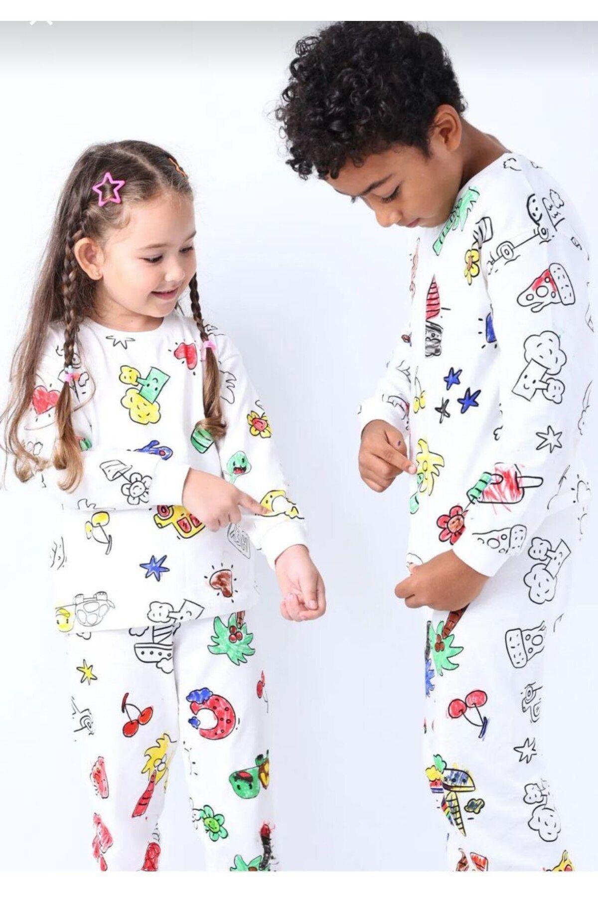 Unisex Desenli Boya Kalemi İle Boyanıp Yıkanabilen Uzunkollu Pijama Takımı Ve Boyakalemi