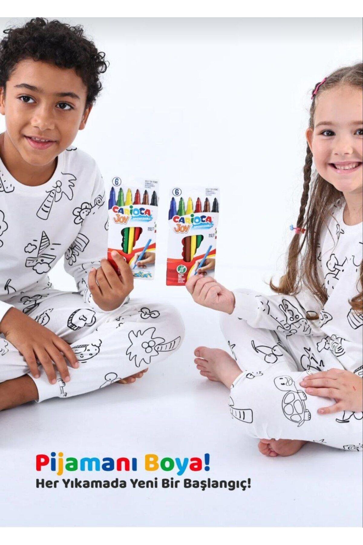 Unisex Desenli Boya Kalemi İle Boyanıp Yıkanabilen Uzunkollu Pijama Takımı Ve Boyakalemi