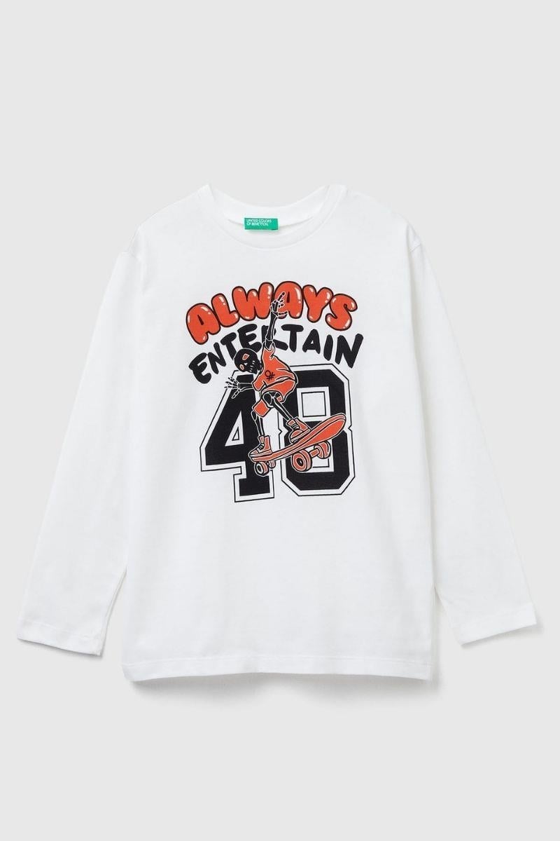 United Colors of Benetton Erkek Çocuk 3JERC10QO-25K  Uzun Kol Çizgili Tshirt Beyaz