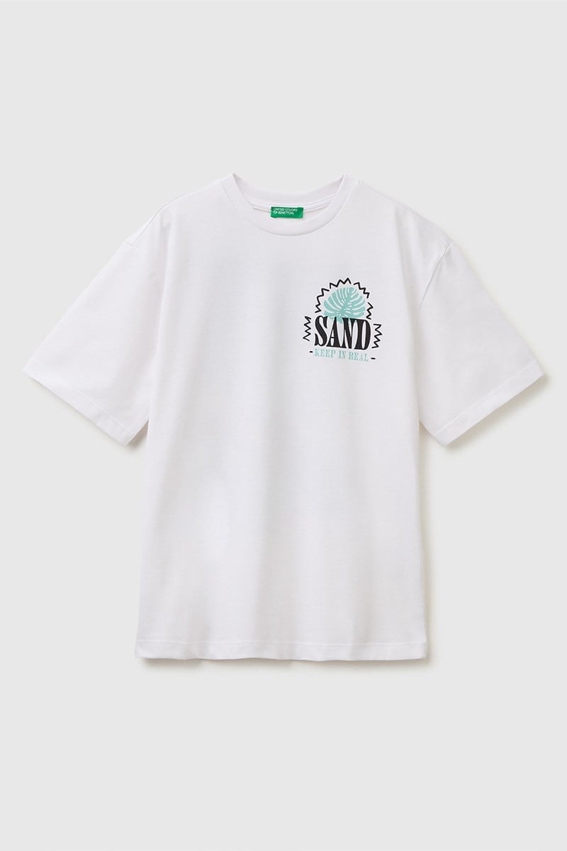 United Colors of Benetton Erkek Çocuk Ön ve Arka Fotoğraf Baskı Detaylı Bisiklet Yaka T-Shirt Beyaz-Pembe 6-13 Yaş