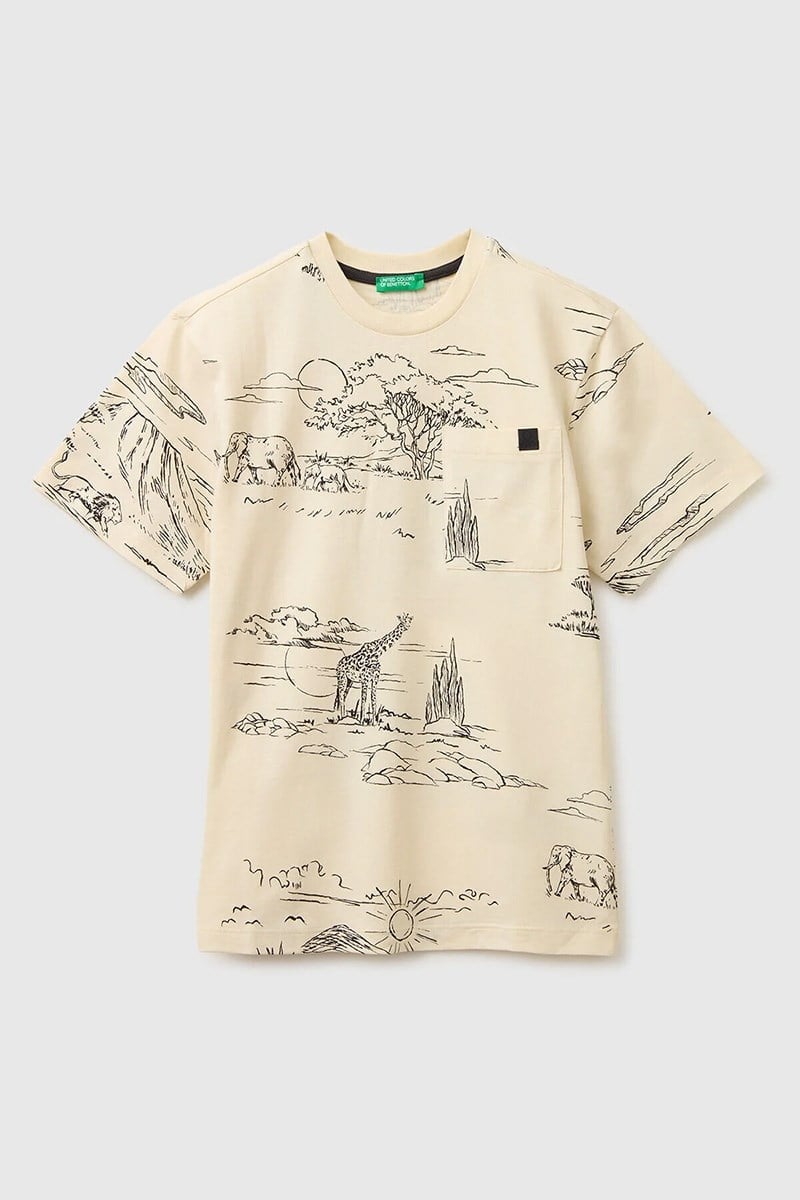 United Colors of Benetton Erkek Çocuk Logo Etiket Detaylı Tamamı Baskılı T-Shirt Bej 6-14 Yaş