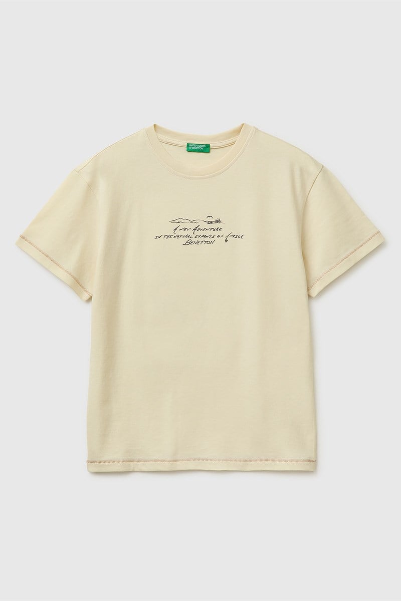 United Colors of Benetton Erkek Çocuk Önü Baskılı Arkası İşlemeli Bisiklet Yaka T-Shirt Ekru 6-13 Yaş