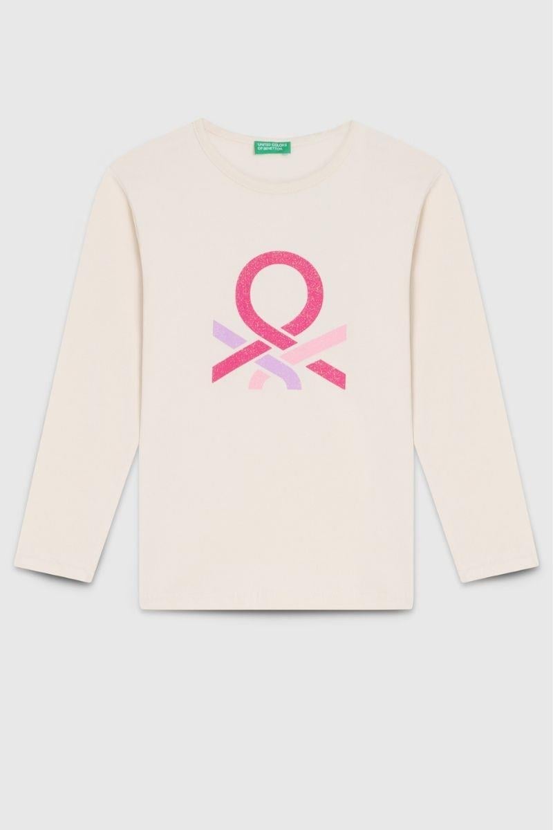 United Colors of Benetton Kız Çocuk BNT-G23331 Uzun Kollu Tshirt Ekru