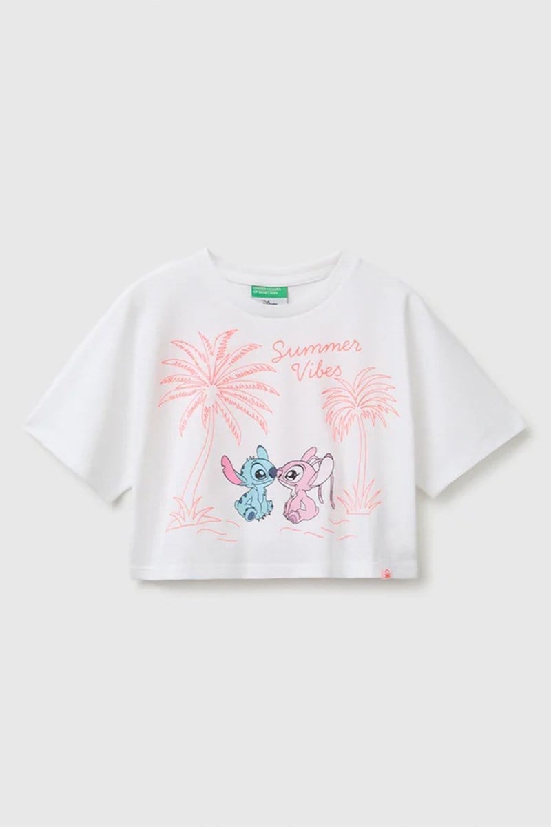 United Colors of Benetton Kız Çocuk Lilo & Stitch Baskı Detaylı Crop T-Shirt Beyaz 6-13 Yaş
