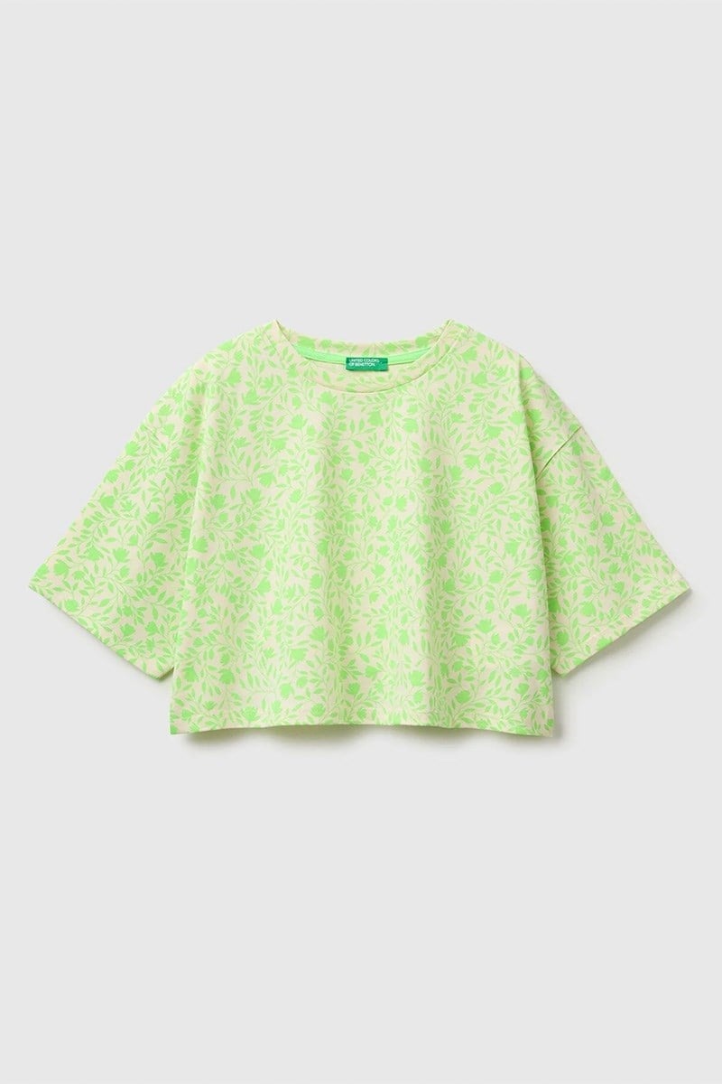 United Colors of Benetton Kız Çocuk Tamamı Baskı Detaylı Oversize Crop T-Shirt Sarı 6-12 Yaş