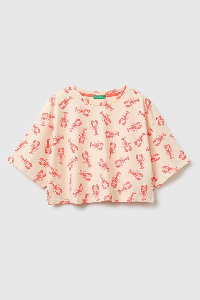 United Colors of Benetton Kız Çocuk Tamamı Baskı Detaylı Oversize Crop T-Shirt Turuncu 6-12 Yaş
