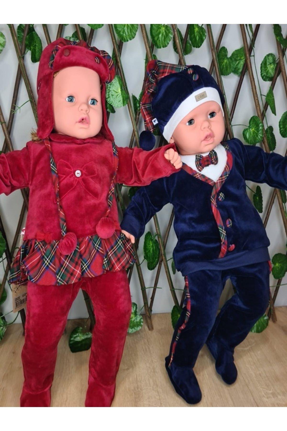 Yılbaşı Temalı Erkek Bebek-Çocuk 2'Li Kadife Takım Ve Şapka
