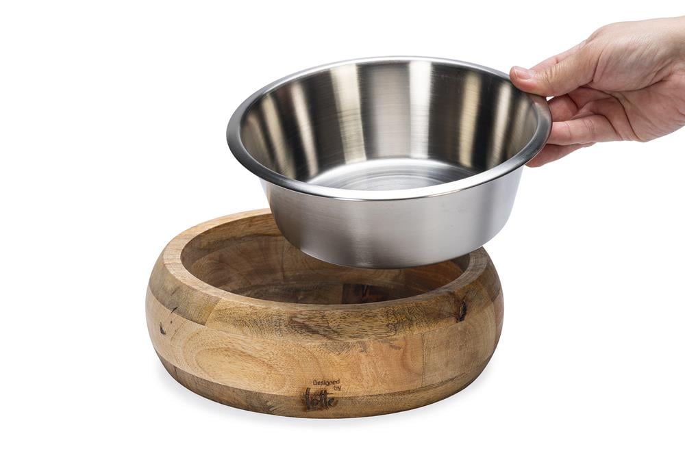 Beeztees DBL Köpek Mama Su Kabı, Dışı Masif Ahşap, Paslanmaz Çelik, 21cm, 1300ml