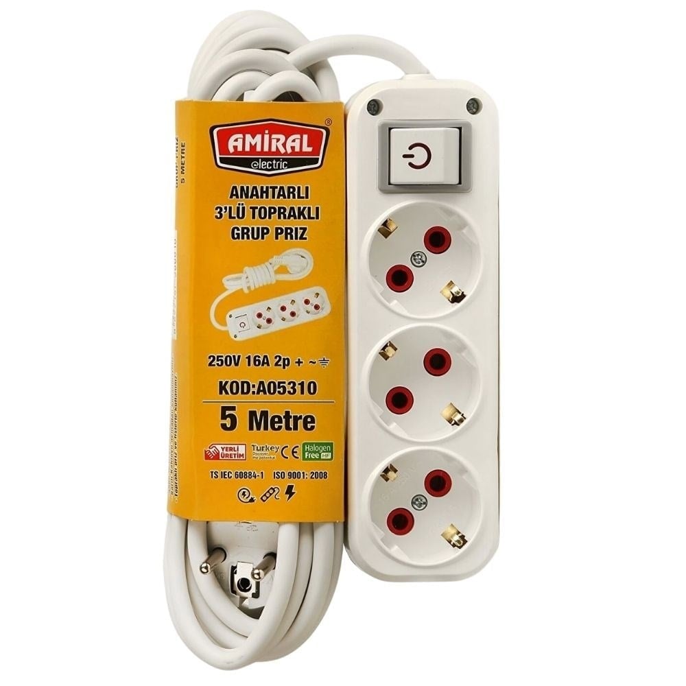 Amiral 3 lü Grup Priz 5 Metre Anahtarlı