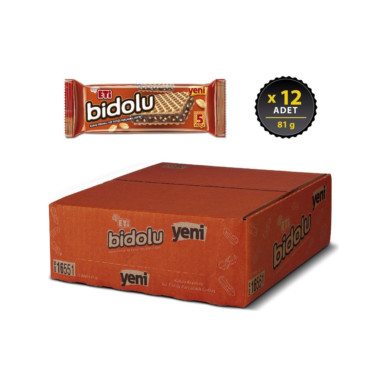 Eti Bidolu Kakao Kremalı Yer Fıstığı Parçacıklı Gofret 81 Gr x12 li Koli
