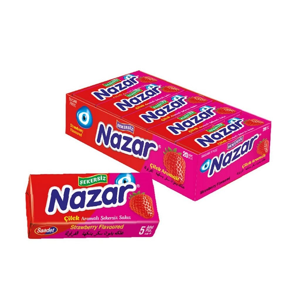 Nazar 5 li Çilek Aromalı Şekersiz Sakız x20 li Paket