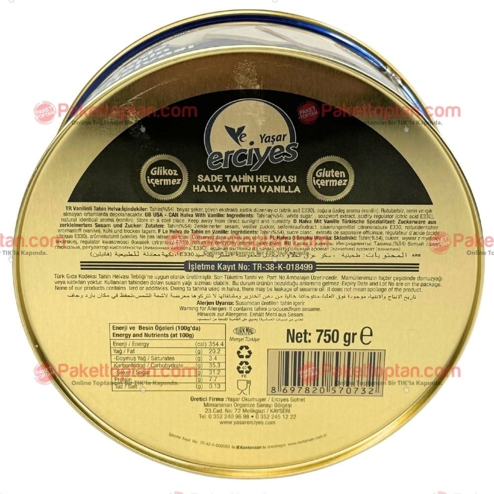 Yaşar Erciyes 750 Gr Sade Helva Teneke