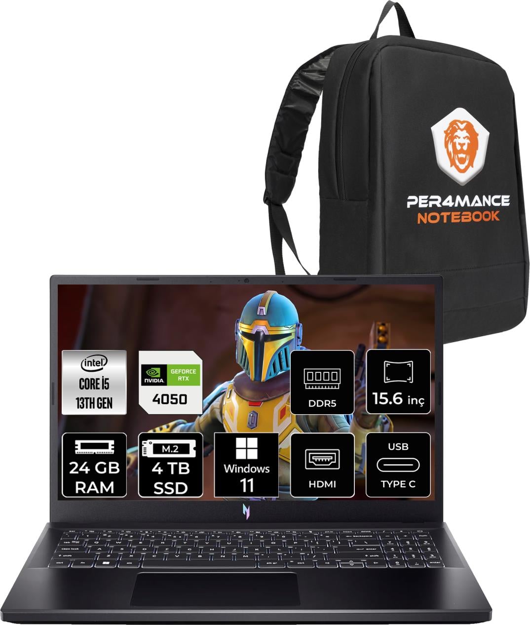 Acer Nitro V 15 Intel Core I5 13420H 24GB 4tb SSD RTX4050/6GB 15.6'' Fhd 144Hz W11H Taşınabilir Bilgisayar & Per4 Çanta NHQNBEY004P355