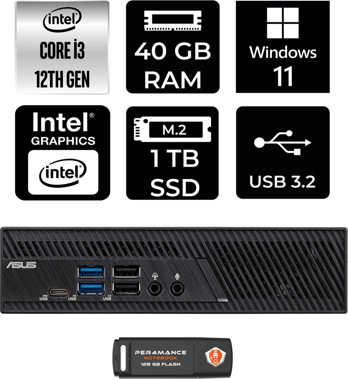 Asus PB63 Intel Core I3 13100 40GB 1tb SSD W11P Mini Pc & Per4 USB Bellek PN63P1388