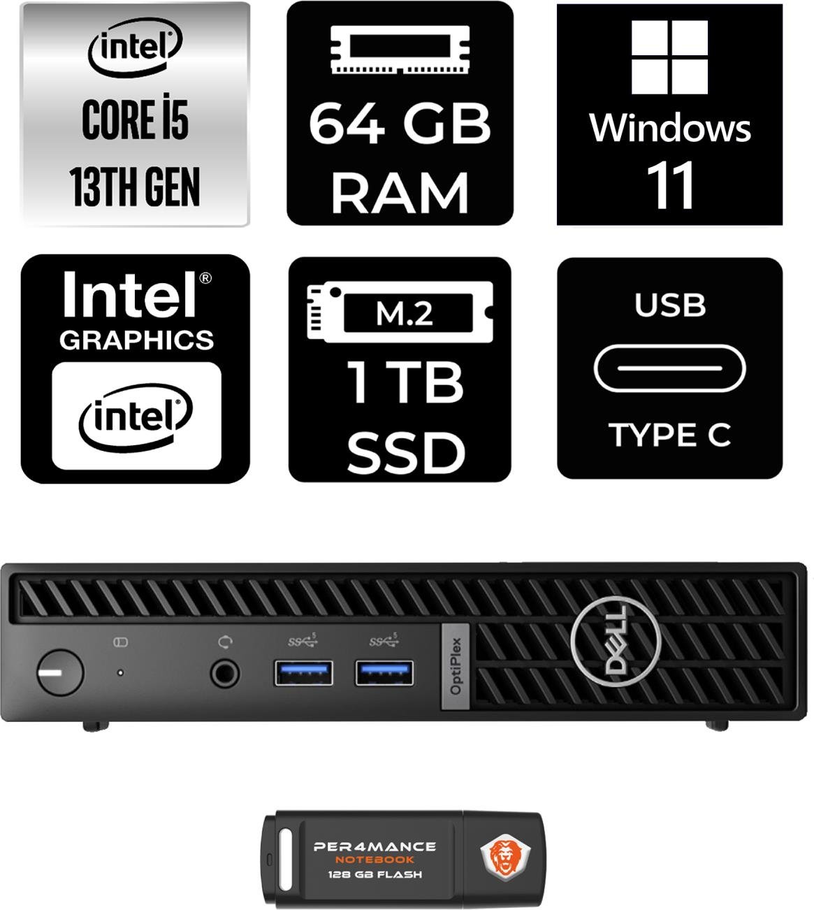 Dell Optiplex 7010MFF Intel Core I5 13500T 64GB 1tb SSD W11H N002O7010MFF Mini Pc & Per4 USB Bellek N002O7010MFFP398