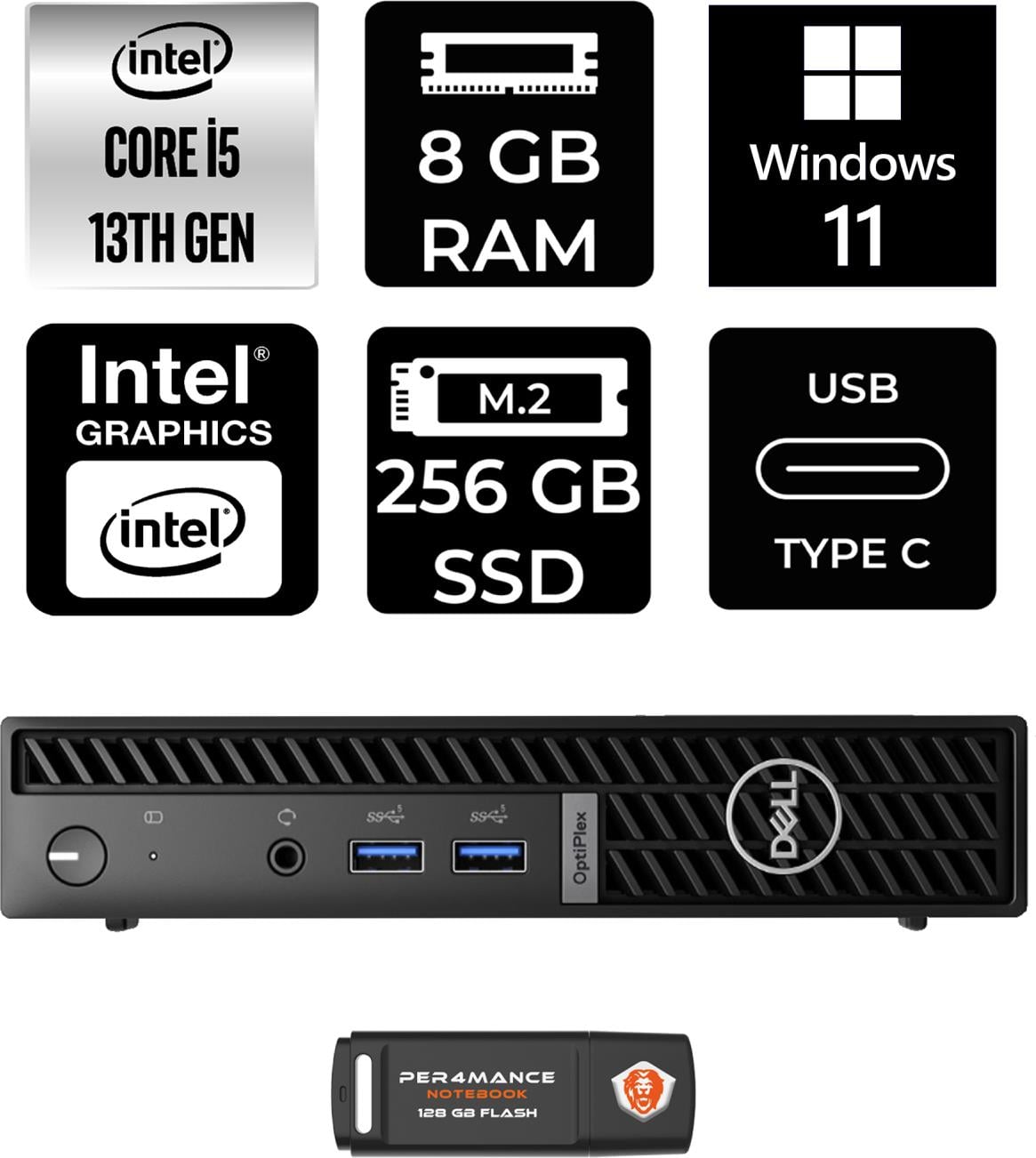 Dell Optiplex 7010MFF Intel Core I5 13500T 8gb 256GB SSD W11P N002O7010MFF Mini Pc & Per4 USB Bellek N002O7010MFFP401