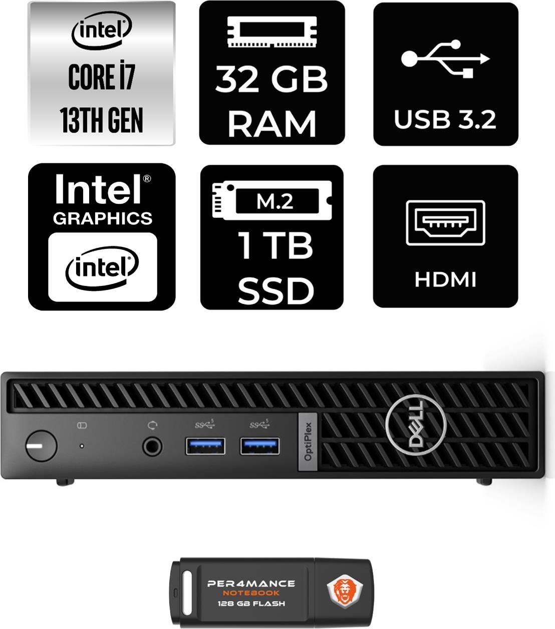 Dell Optiplex 7010MFF Intel Core I7 13700T 32GB 1tb SSD Fdos N018O7010MFF Mini Pc & Per4 USB Bellek N018O7010MFFP328