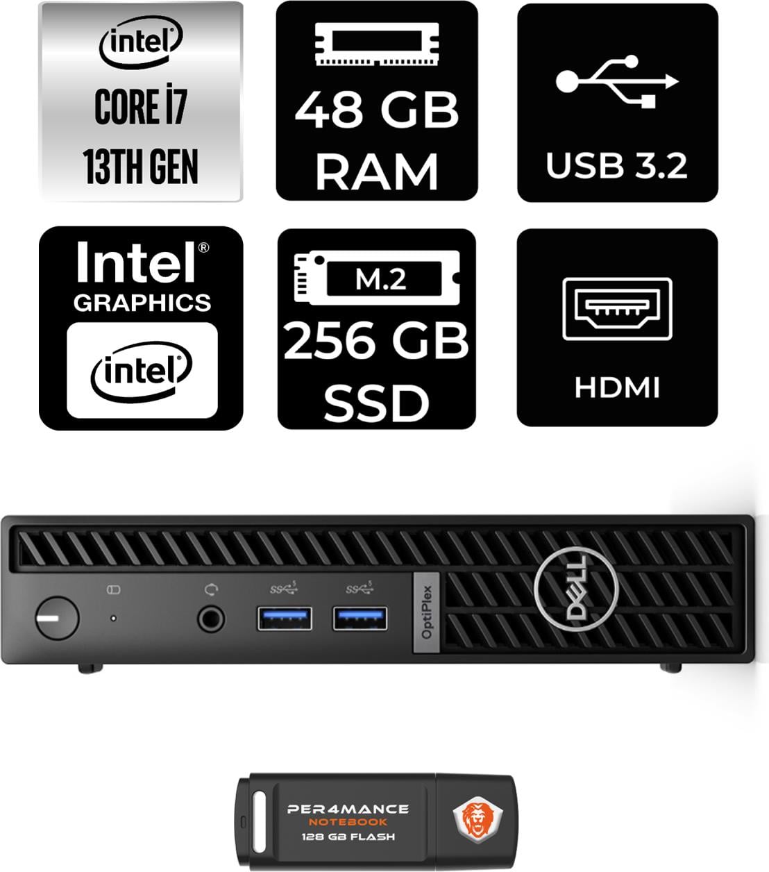 Dell Optiplex 7010MFF Intel Core I7 13700T 48GB 256GB SSD Fdos N018O7010MFF Mini Pc & Per4 USB Bellek N018O7010MFFP341