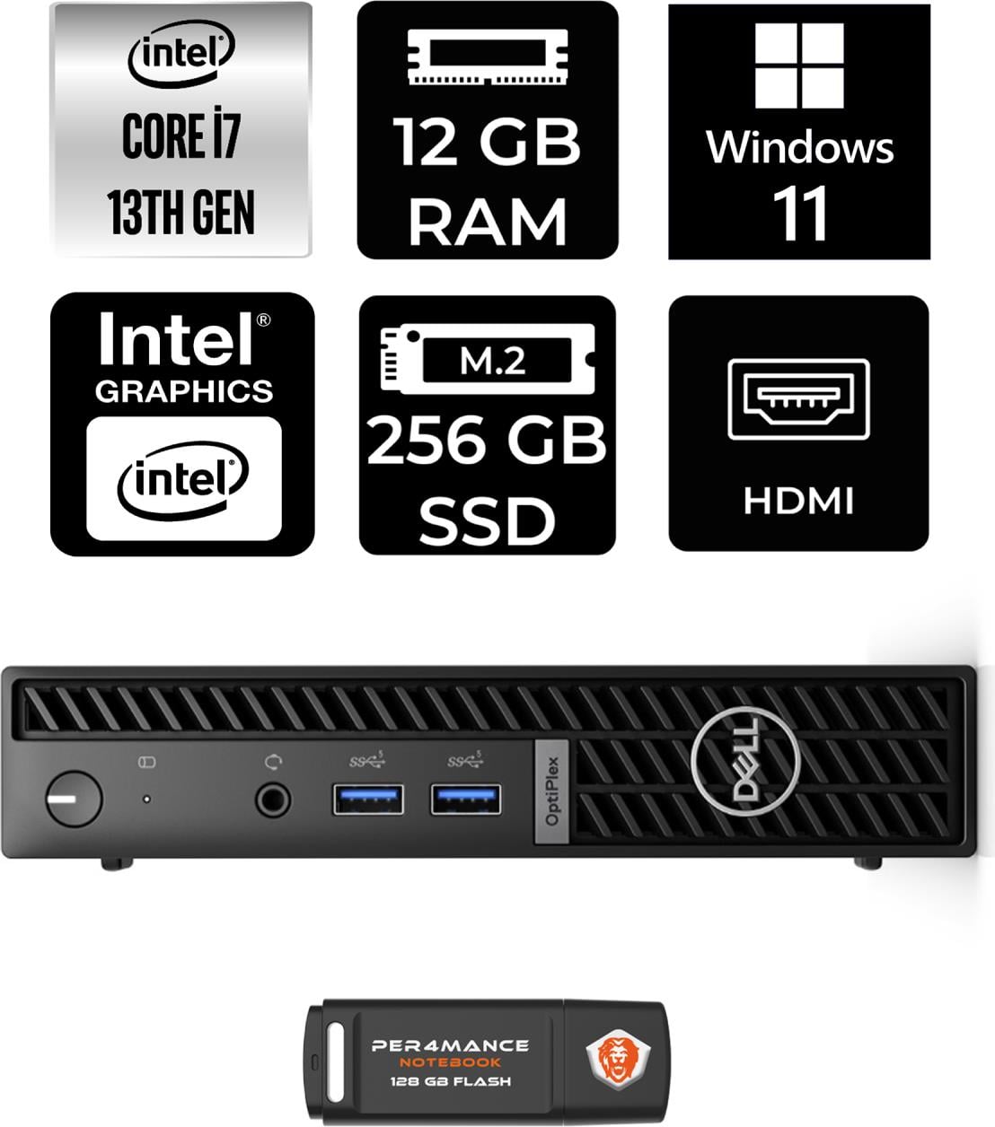 Dell Optiplex 7010MFF Intel Core I7 13700T 12GB 256GB SSD W11P N018O7010MFF Mini Pc & Per4 USB Bellek N018O7010MFFP406