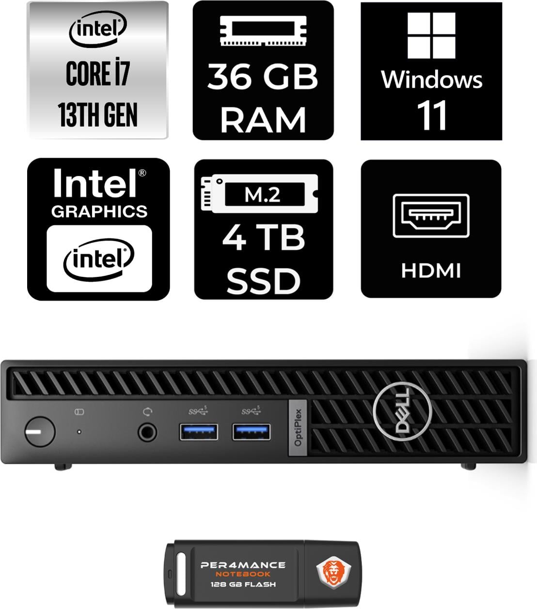 Dell Optiplex 7010MFF Intel Core I7 13700T 36GB 4tb SSD W11P N018O7010MFF Mini Pc & Per4 USB Bellek N018O7010MFFP435
