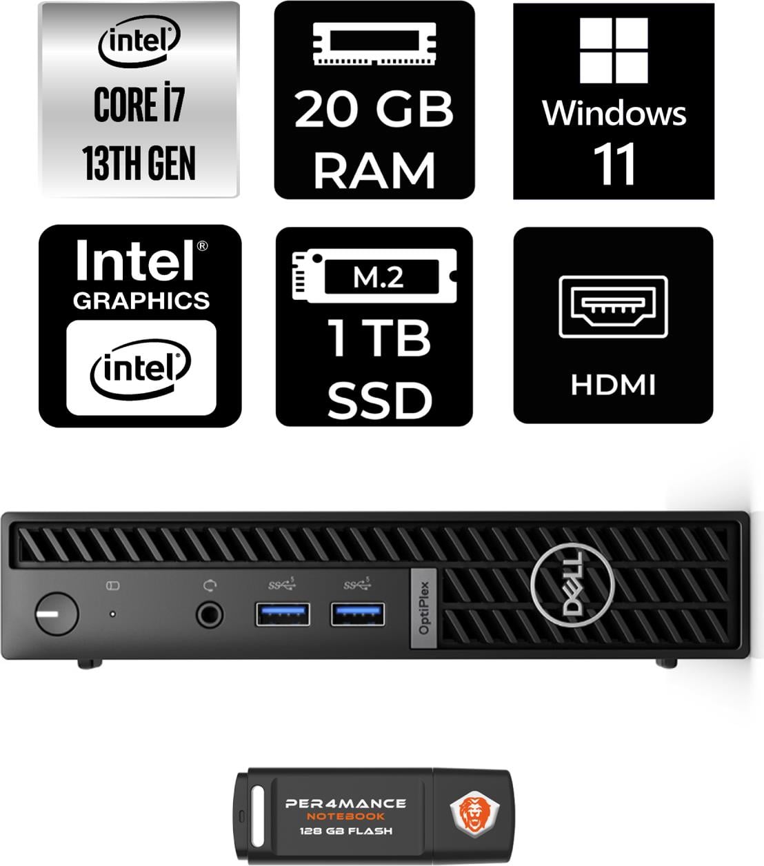 Dell Optiplex 7010MFF Intel Core I7 13700T 20GB 1tb SSD W11H N018O7010MFF Mini Pc & Per4 USB Bellek N018O7010MFFP368