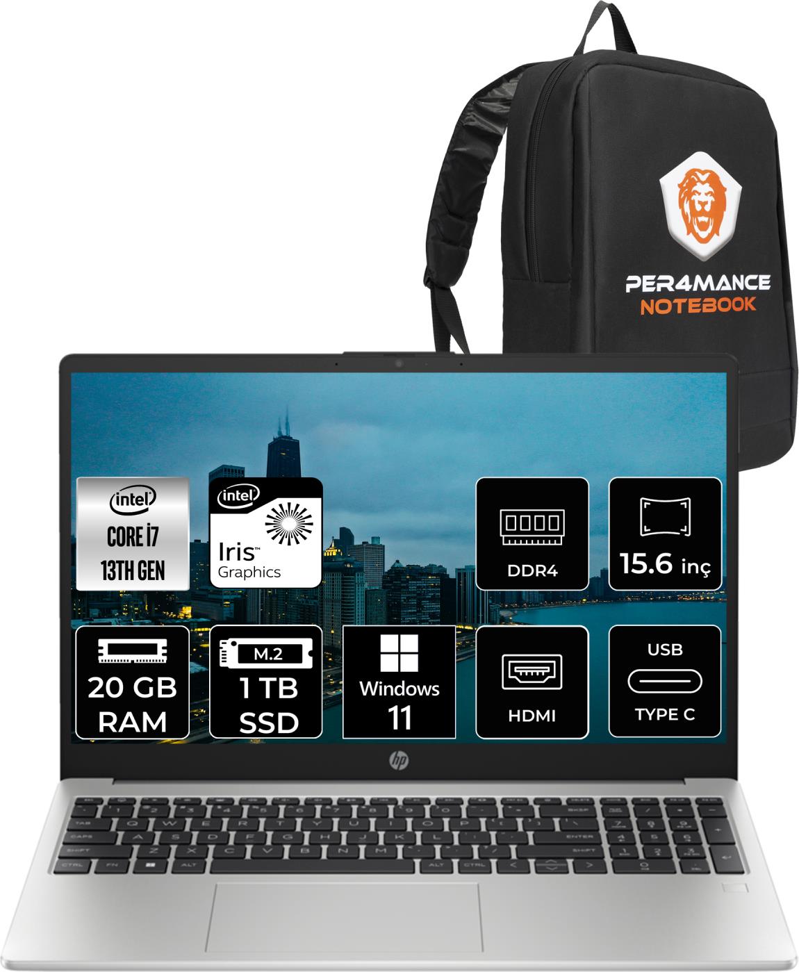 Hp 250 G10 Intel Core I7 1355U 20GB 1tb SSD 15.6'' Fhd W11P Taşınabilir Bilgisayar 8A541EA & Per4 Çanta 8A541EAP418