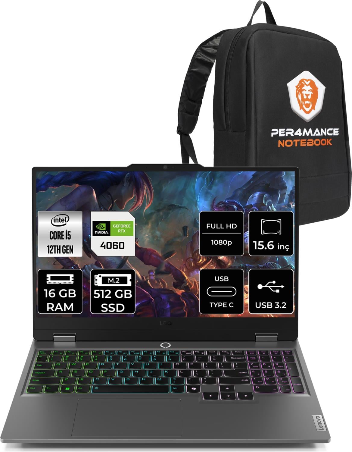 Lenovo Loq Intel Core I5 12450HX 16GB 512GB SSD RTX4060/8GB 105W 15.6