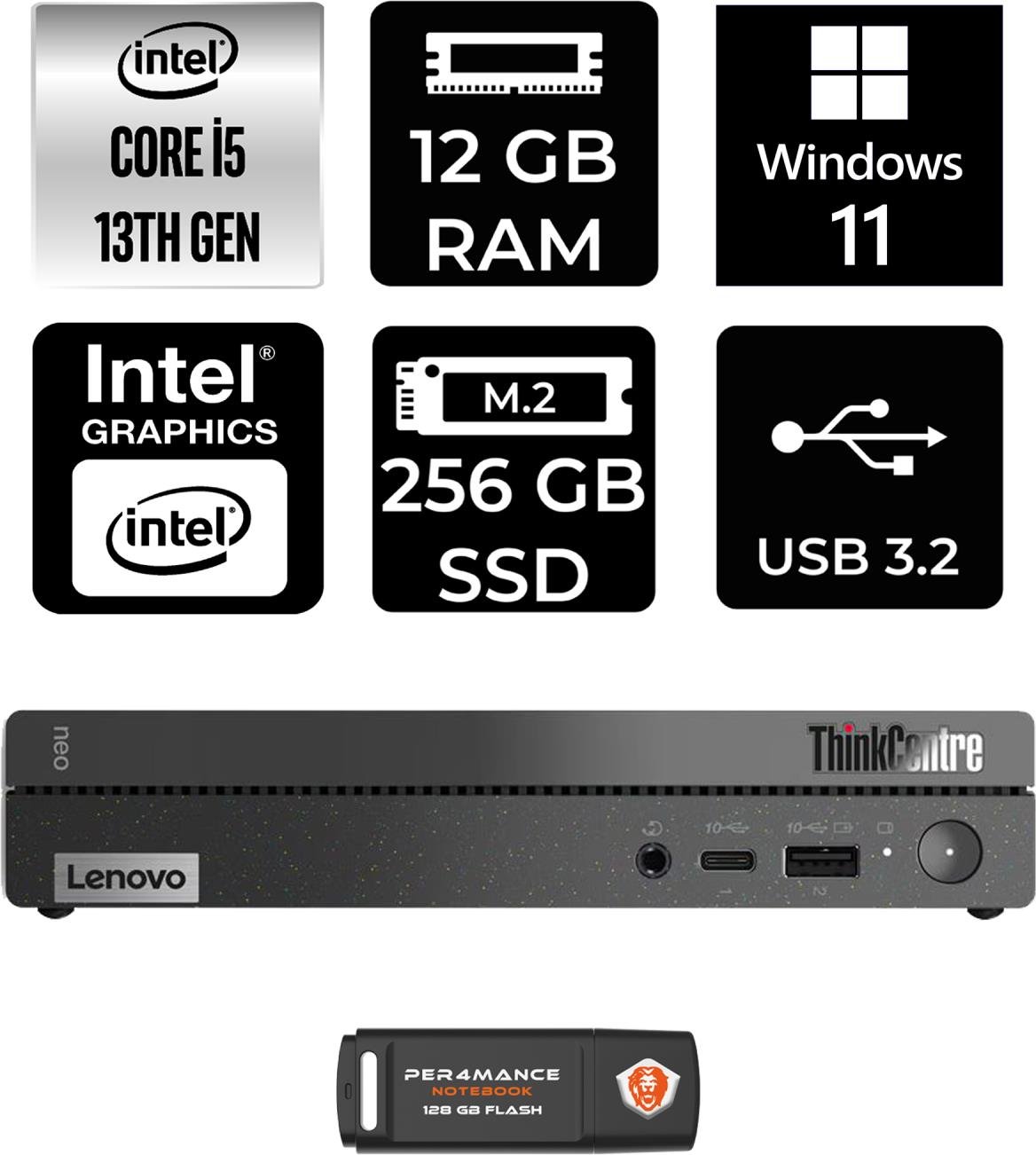 Lenovo Thinkcentre 50Q Gen 4 Intel Core I5 13420H 12GB 256GB SSD W11P 12LN0048TR Mini Pc & Per4 USB Bellek 12LN0048TRP406