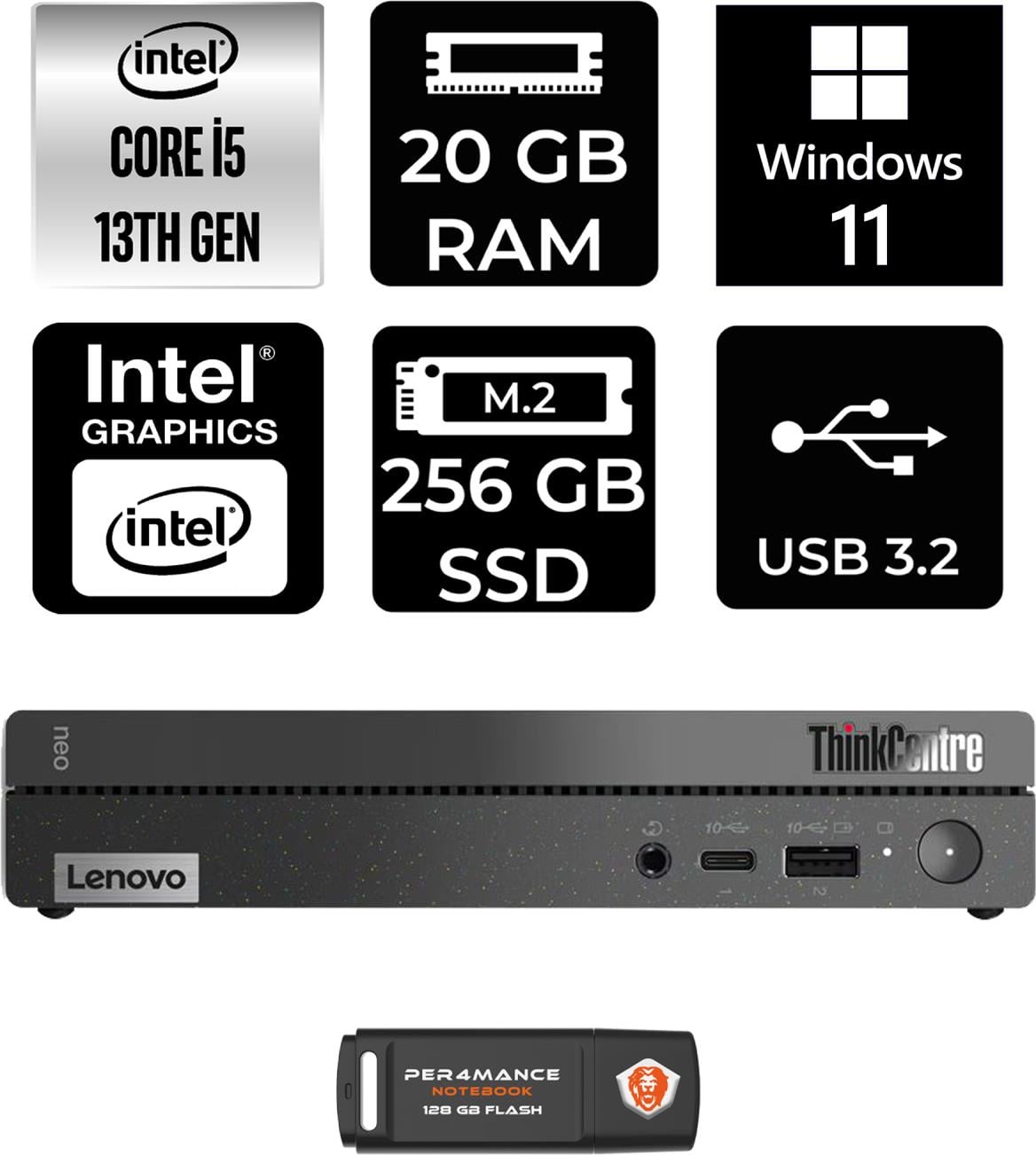 Lenovo Thinkcentre 50Q Gen 4 Intel Core I5 13420H 20GB 256GB SSD W11H 12LN0048TR Mini Pc & Per4 USB Bellek 12LN0048TRP366