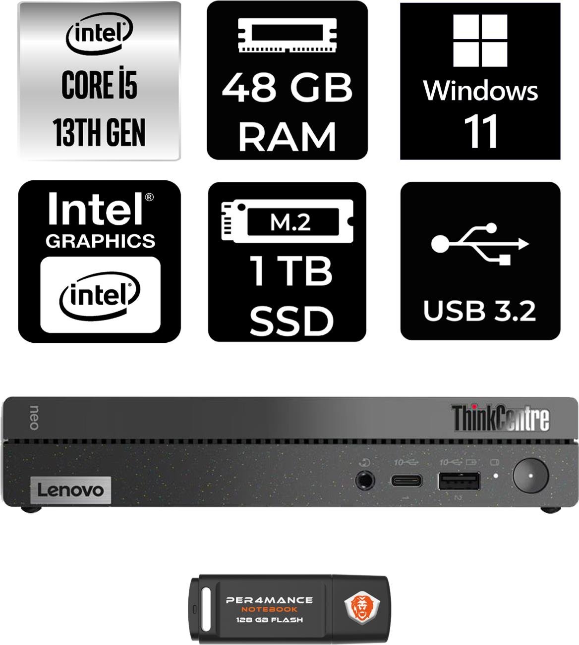 Lenovo Thinkcentre 50Q Gen 4 Intel Core I5 13420H 48GB 1tb SSD W11H 12LN0048TR Mini Pc & Per4 USB Bellek 12LN0048TRP393