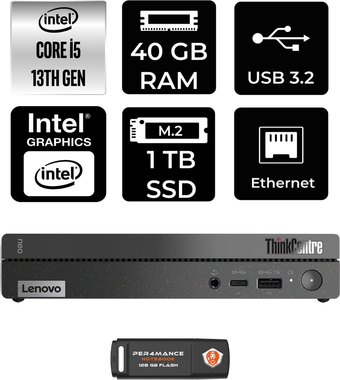 Lenovo Thinkcentre 50Q Gen 4 Intel Core I5 13420H 40GB 1tb SSD Fdos 12LN0048TR Mini Pc & Per4 USB Bellek 12LN0048TRP338
