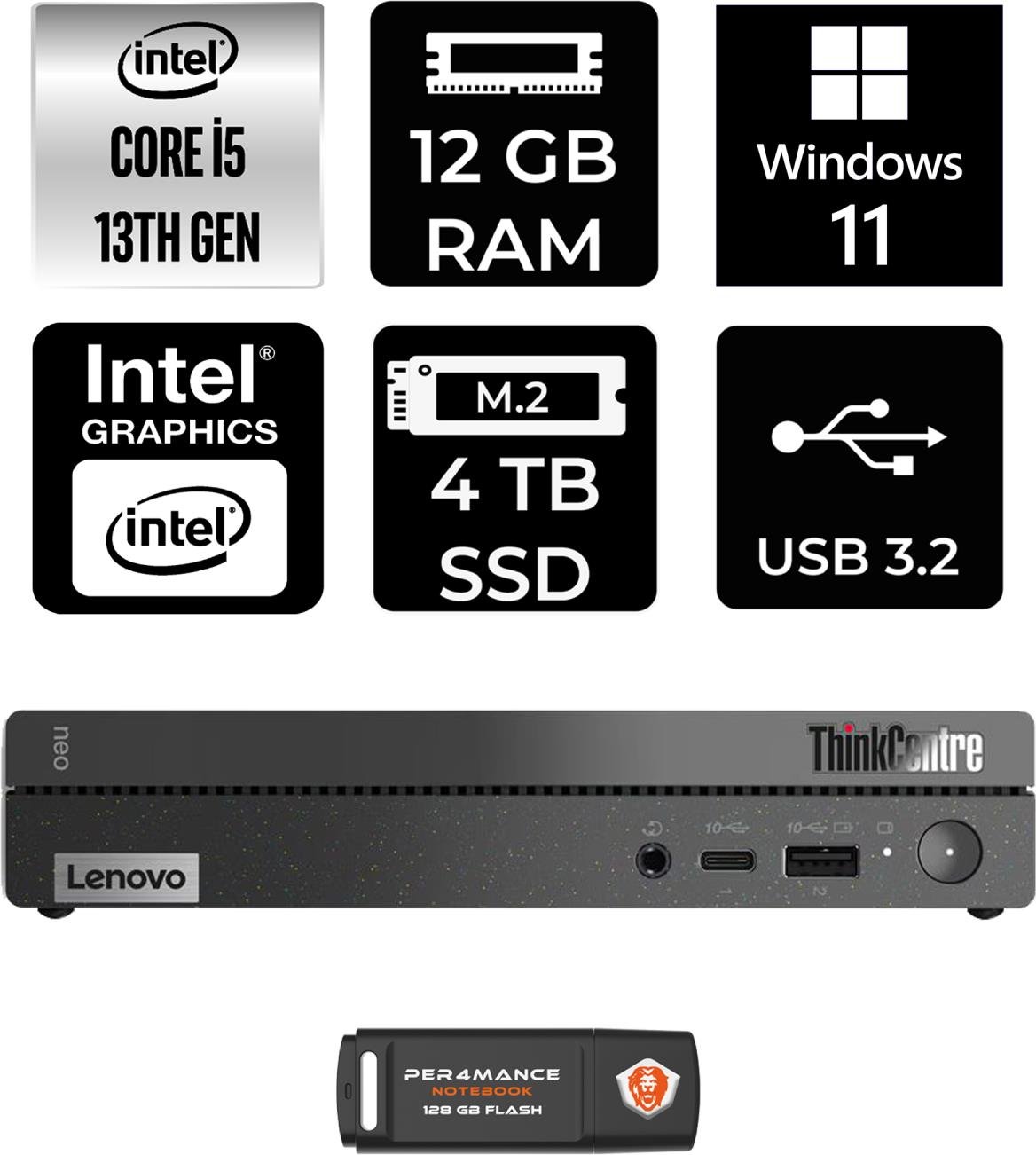 Lenovo Thinkcentre 50Q Gen 4 Intel Core I5 13420H 12GB 4tb SSD W11P 12LN0048TR Mini Pc & Per4 USB Bellek 12LN0048TRP410