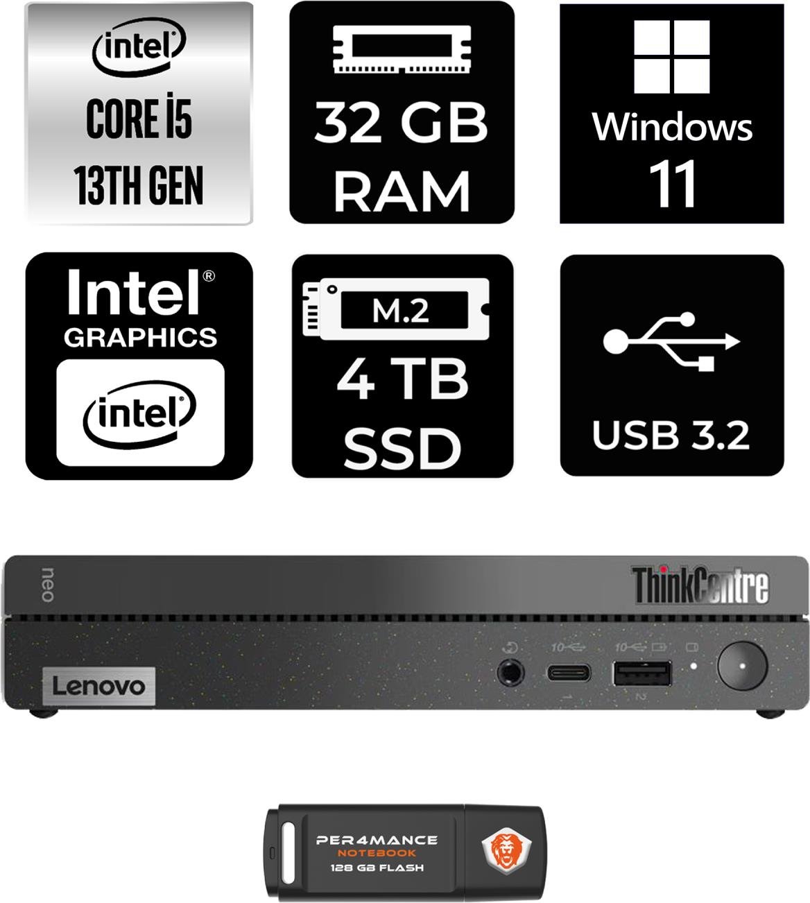 Lenovo Thinkcentre 50Q Gen 4 Intel Core I5 13420H 32GB 4tb SSD W11P 12LN0048TR Mini Pc & Per4 USB Bellek 12LN0048TRP430