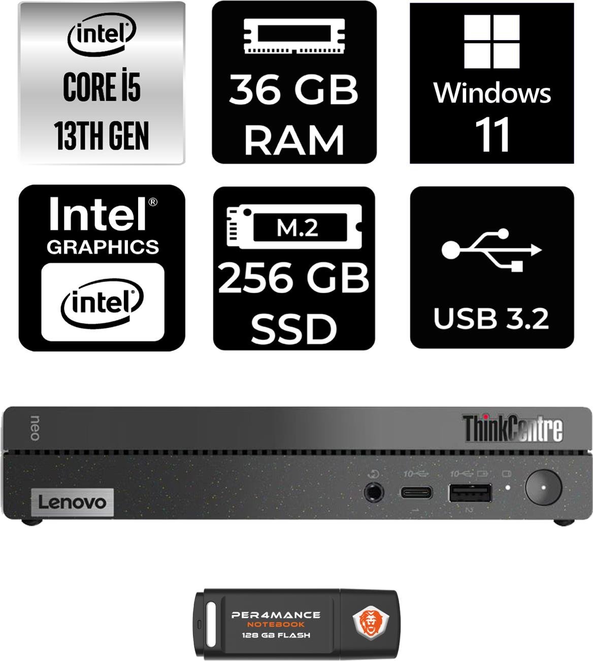 Lenovo Thinkcentre 50Q Gen 4 Intel Core I5 13420H 36GB 256GB SSD W11P 12LN0048TR Mini Pc & Per4 USB Bellek 12LN0048TRP431