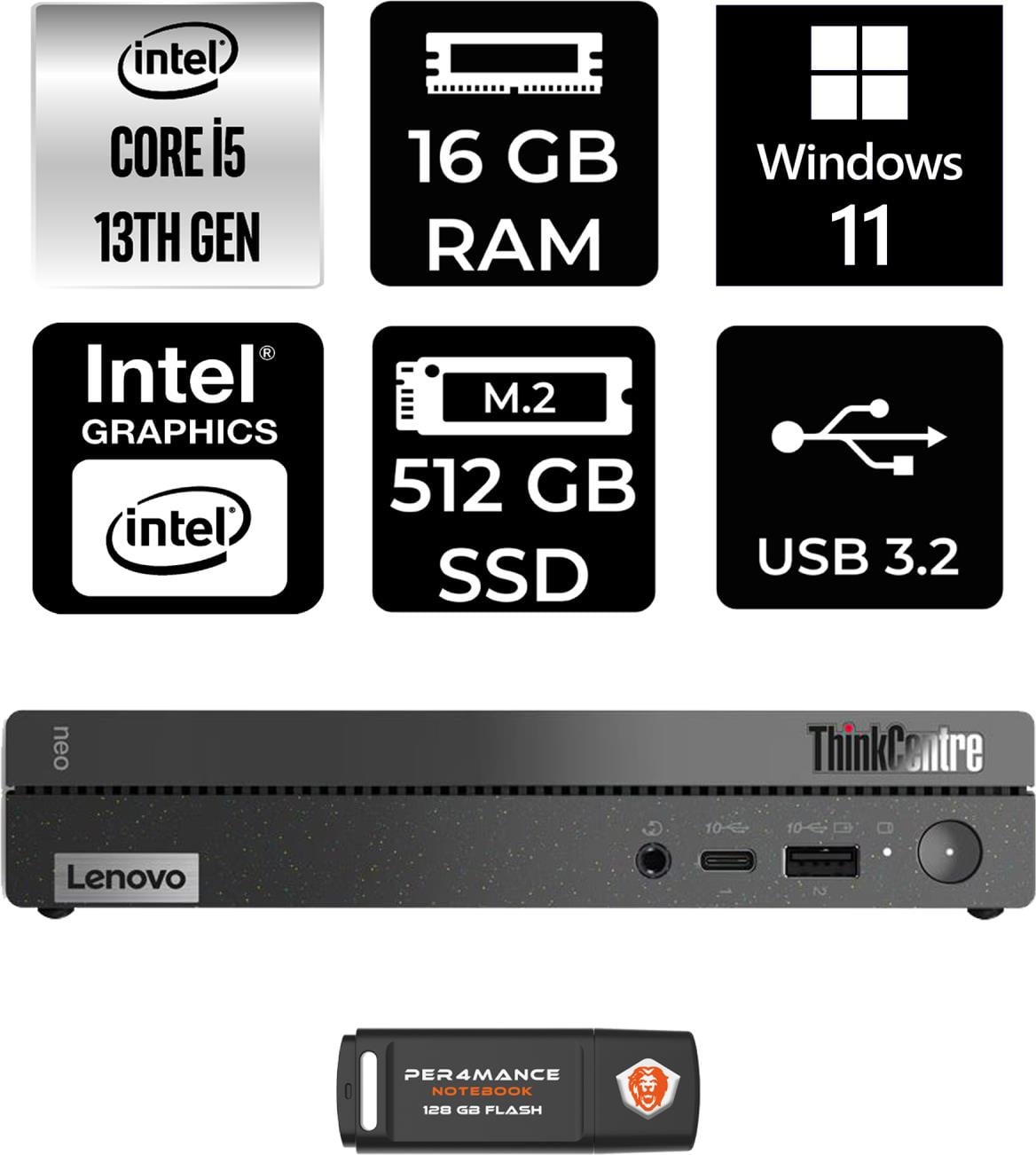 Lenovo Thinkcentre 50Q Gen 4 Intel Core I5 13420H 16GB 512GB SSD W11P 12LN0048TR Mini Pc & Per4 USB Bellek 12LN0048TRP412