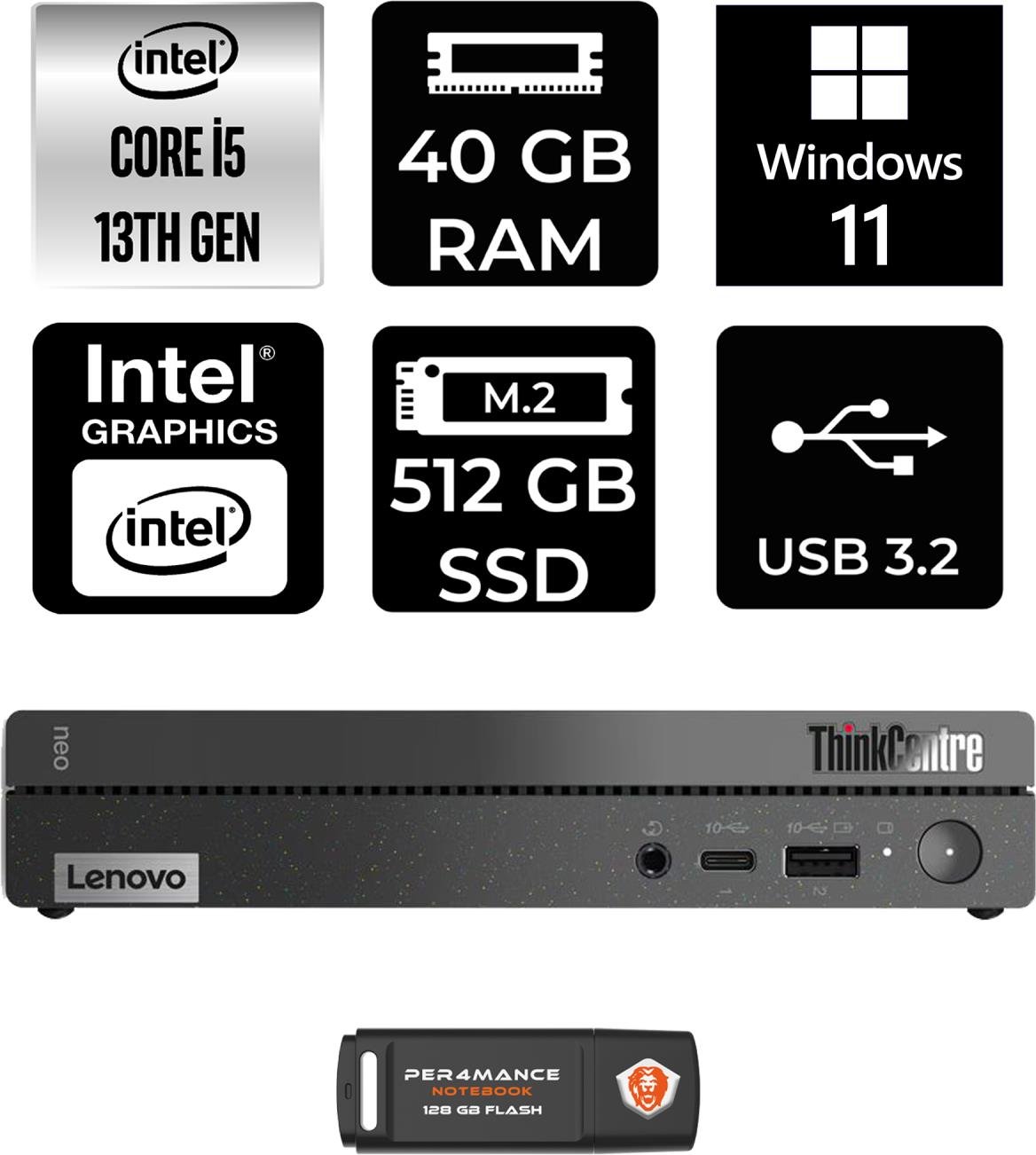 Lenovo Thinkcentre 50Q Gen 4 Intel Core I5 13420H 40GB 512GB SSD W11H 12LN0048TR Mini Pc & Per4 USB Bellek 12LN0048TRP387