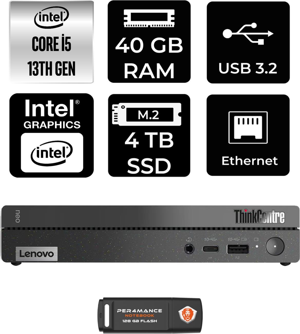 Lenovo Thinkcentre 50Q Gen 4 Intel Core I5 13420H 40GB 4tb SSD Fdos 12LN0048TR Mini Pc & Per4 USB Bellek 12LN0048TRP340
