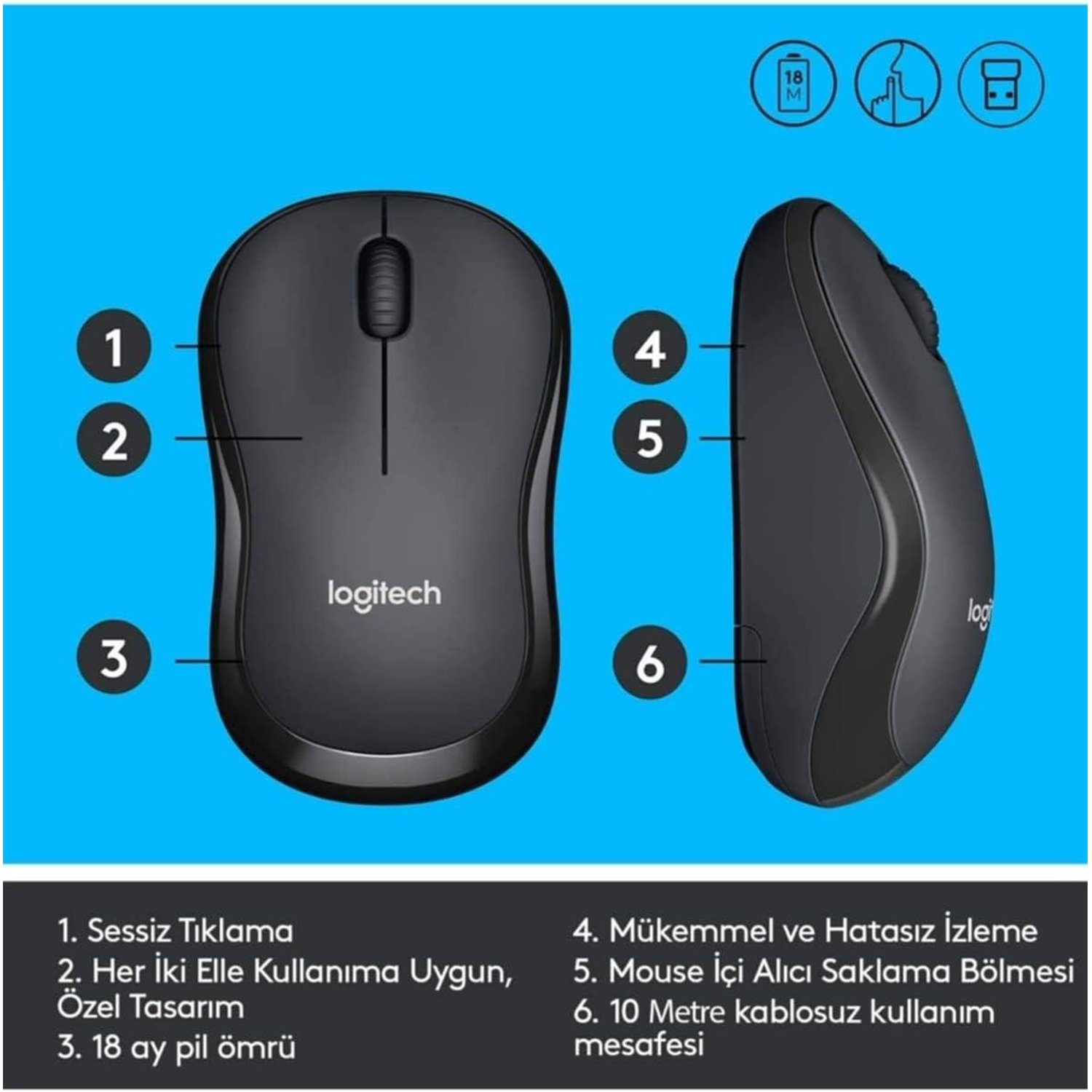 Logitech M221 Sessiz Kablosuz Mouse Siyah 910-006510