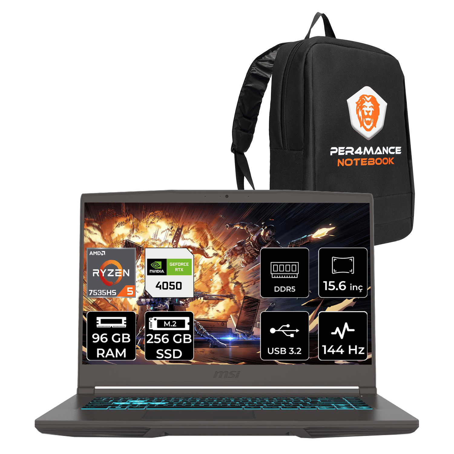 Msı Thin A15 Amd Ryzen 5 7535HS 96GB 256GB SSD RTX4050/6GB 15.6