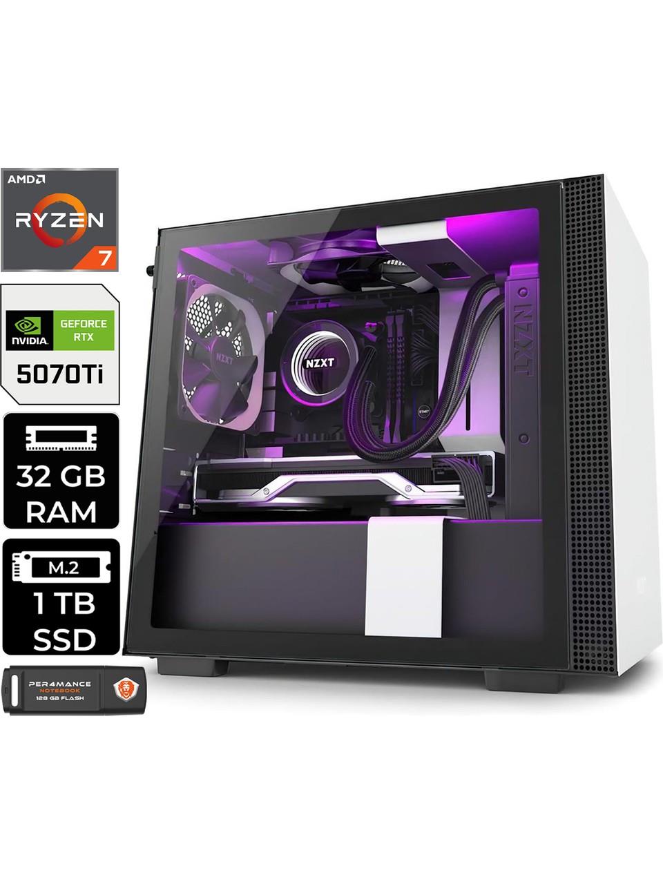 PER4MANCE Freya Amd Ryzen 7 9800X3D 32GB DDR5 Ram 1TB M2 Nvme SSD Gen 5 Nvidia RTX5070 Ti 16GB Sıvı Soğutmalı Freedos Oyuncu Bilgisayarı & Per4 USB Bellek P9800X3D5070TIF05