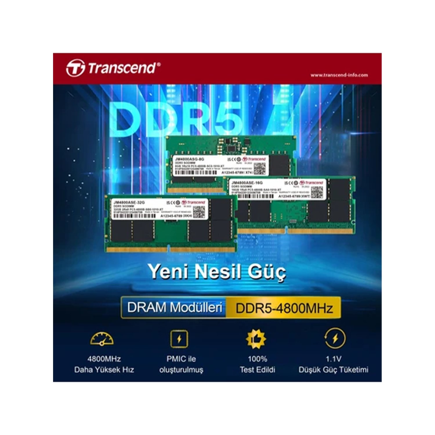 Transcend 16GB 4800 MHz DDR5 CL40 Notebook Ram Düşük Gecikme CL Değeri JM4800ASE-16G