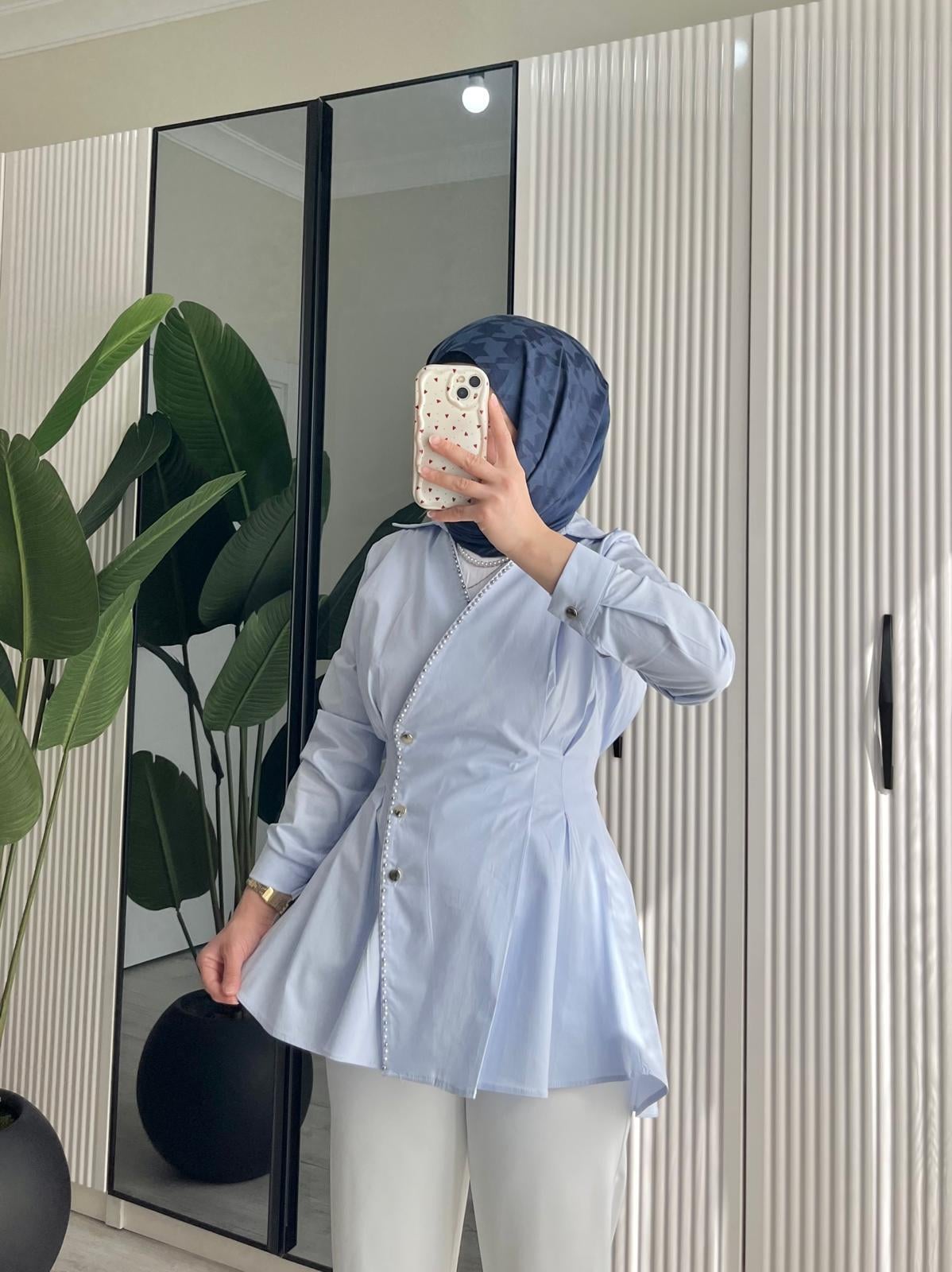 Beli Pena Detaylı İşlemeli Gömlek / BEBE MAVİSİ