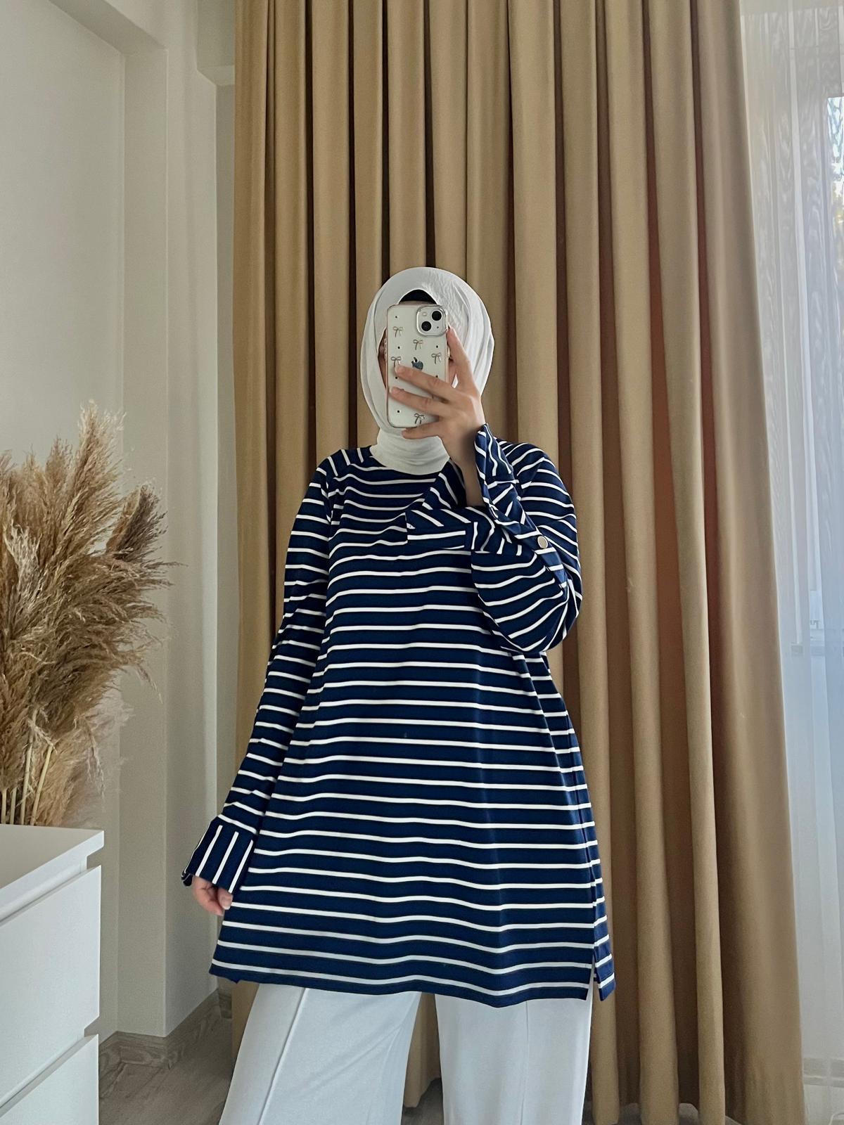 Kolları Düğmeli Çizgili Sweatshirt | Mavi