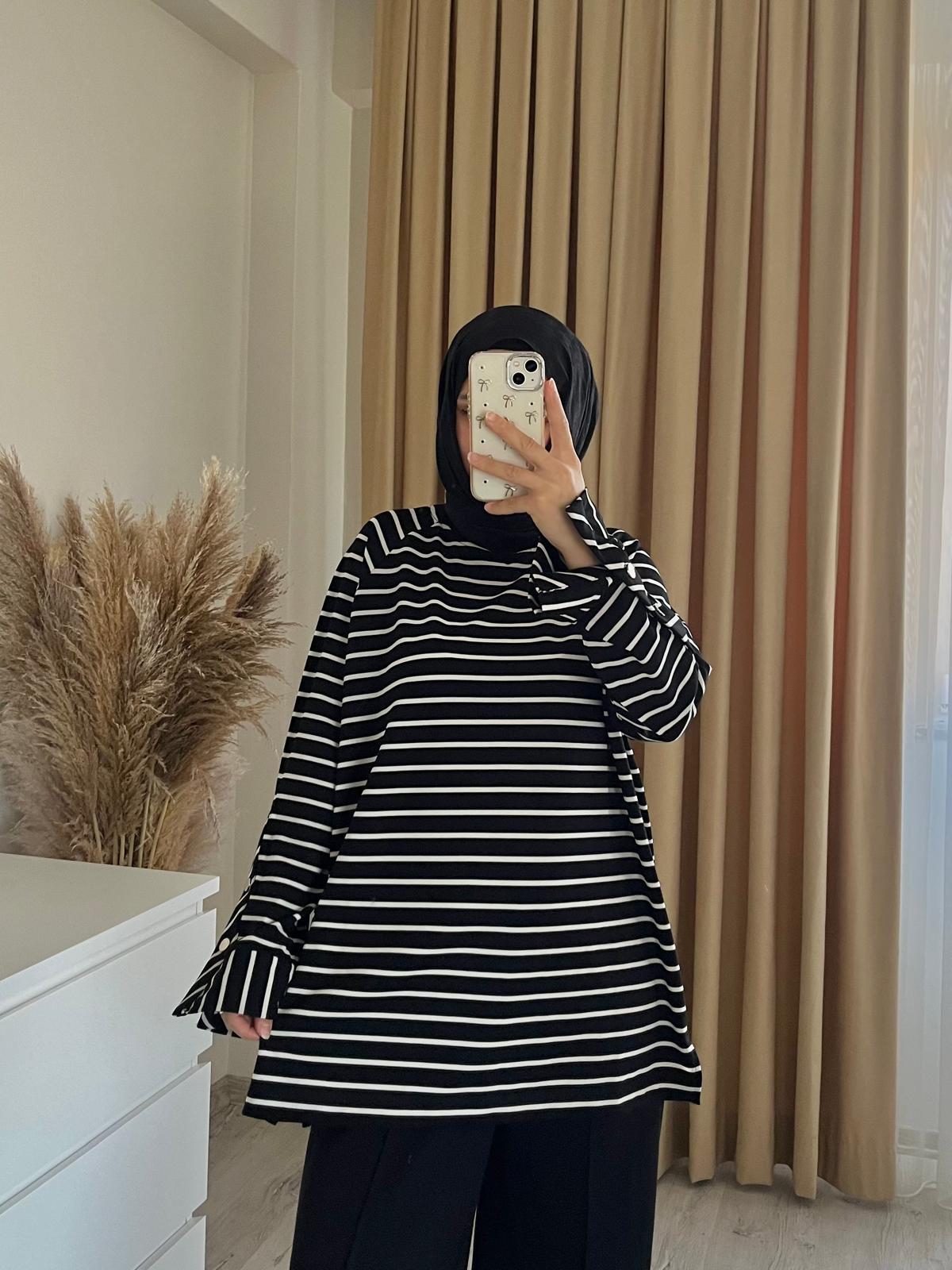 Kolları Düğmeli Çizgili Sweatshirt | Siyah