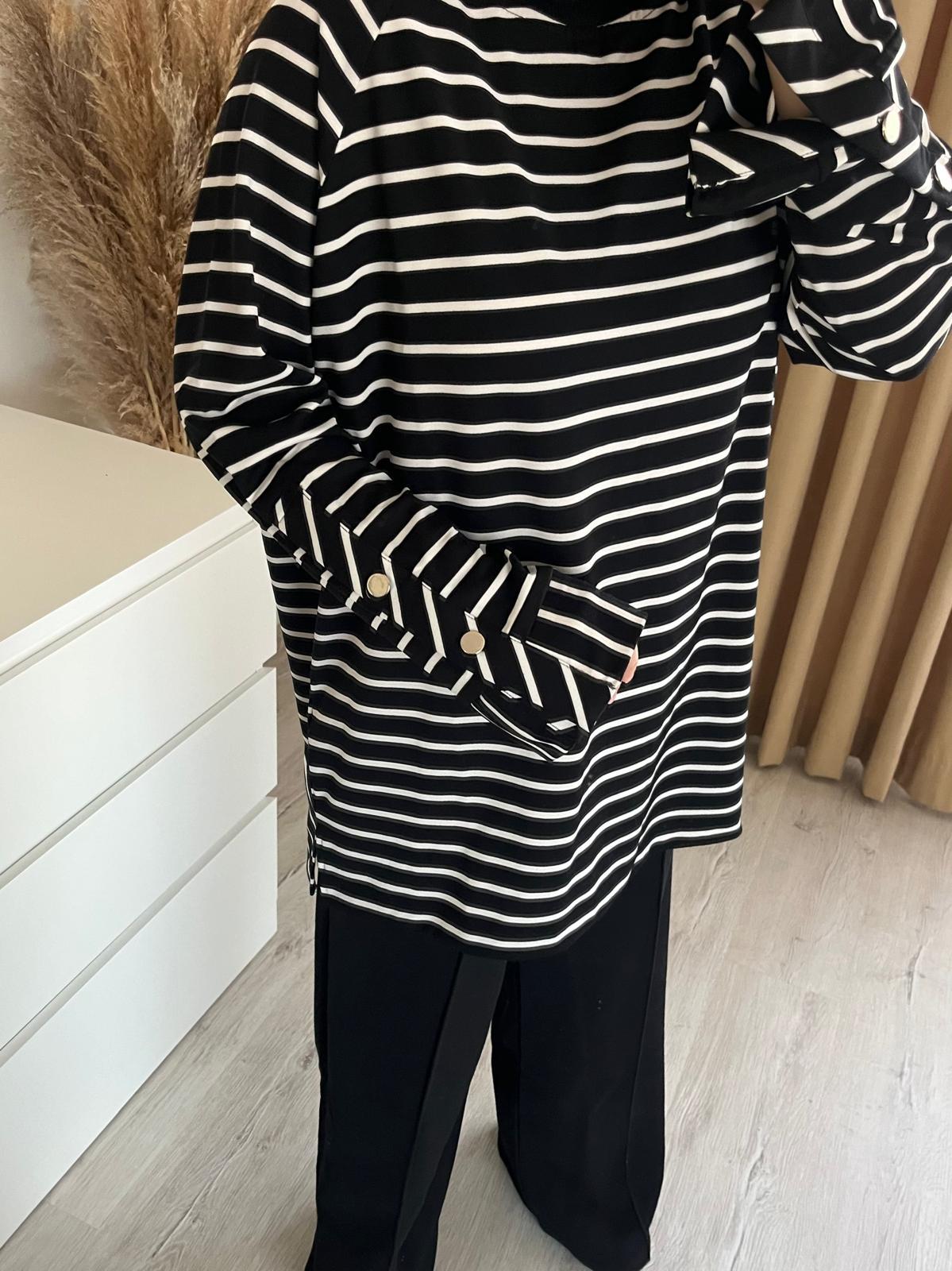 Kolları Düğmeli Çizgili Sweatshirt | Siyah