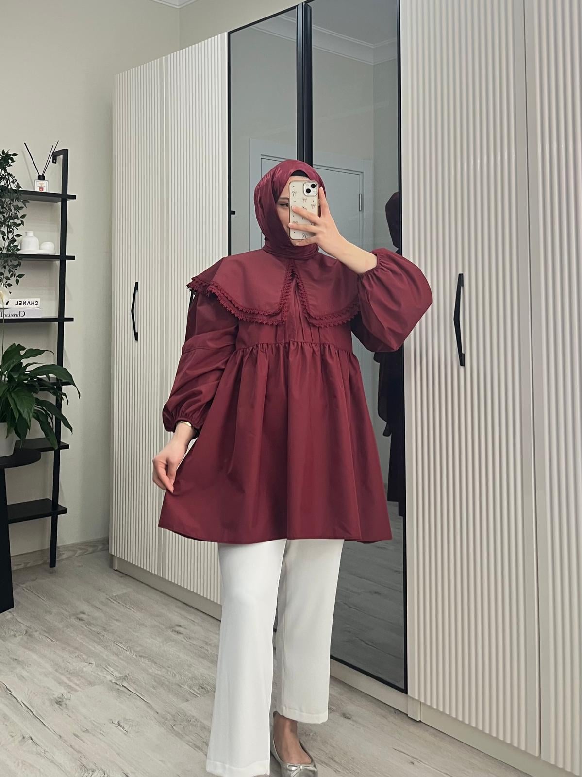 Melinda Katlı Yaka Gömlek / Bordo
