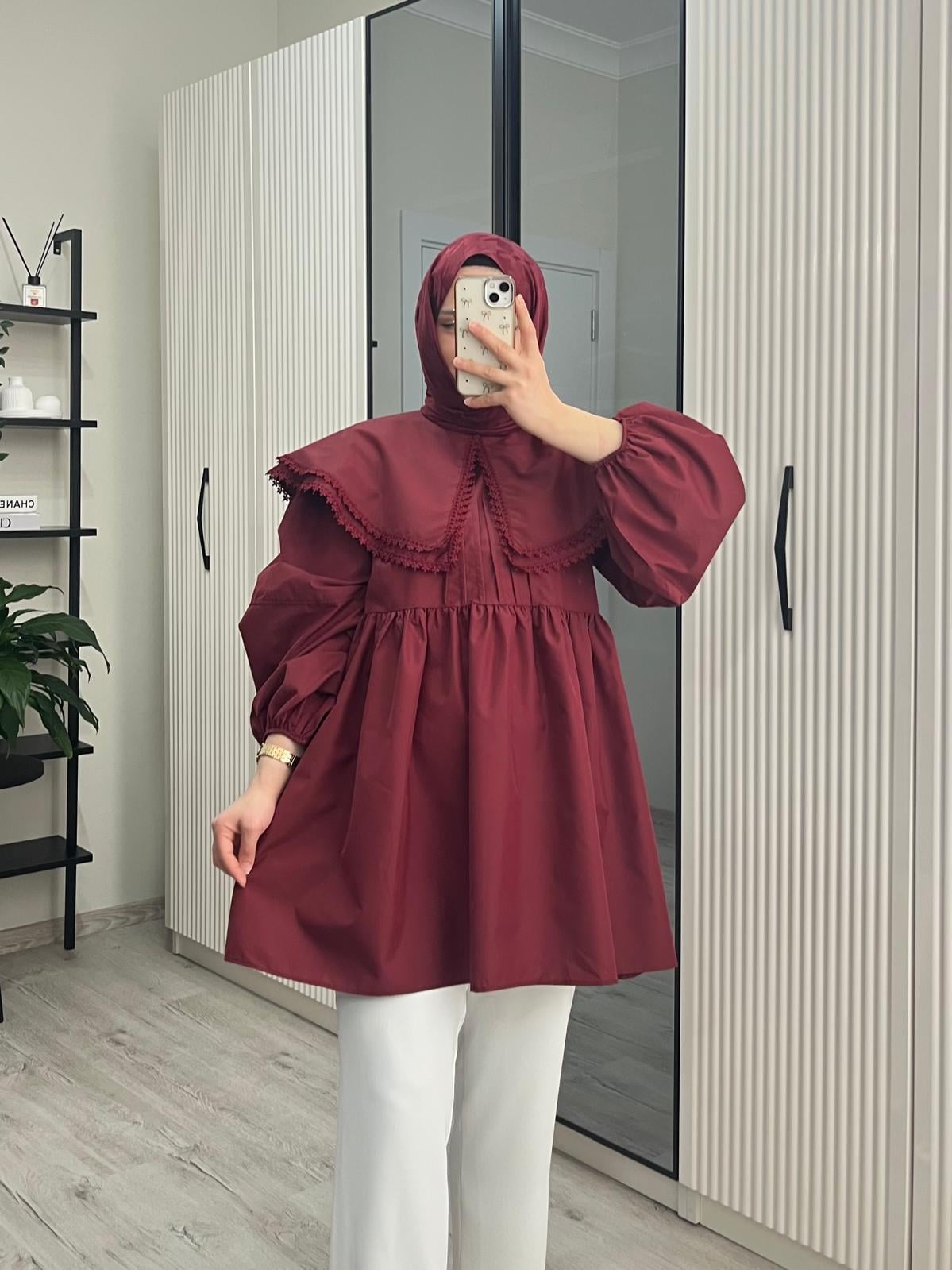 Melinda Katlı Yaka Gömlek / Bordo
